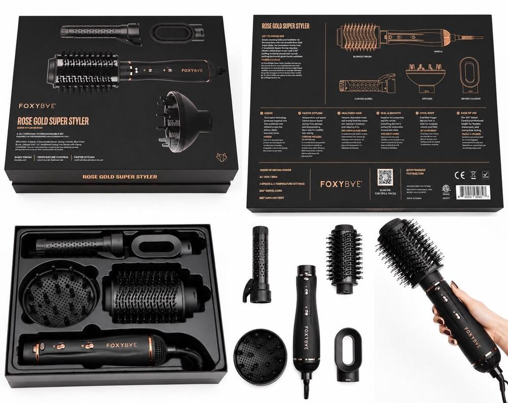 Foxybae Rose Gold Super Styler - 4-In-1 Interchangeable Dryer